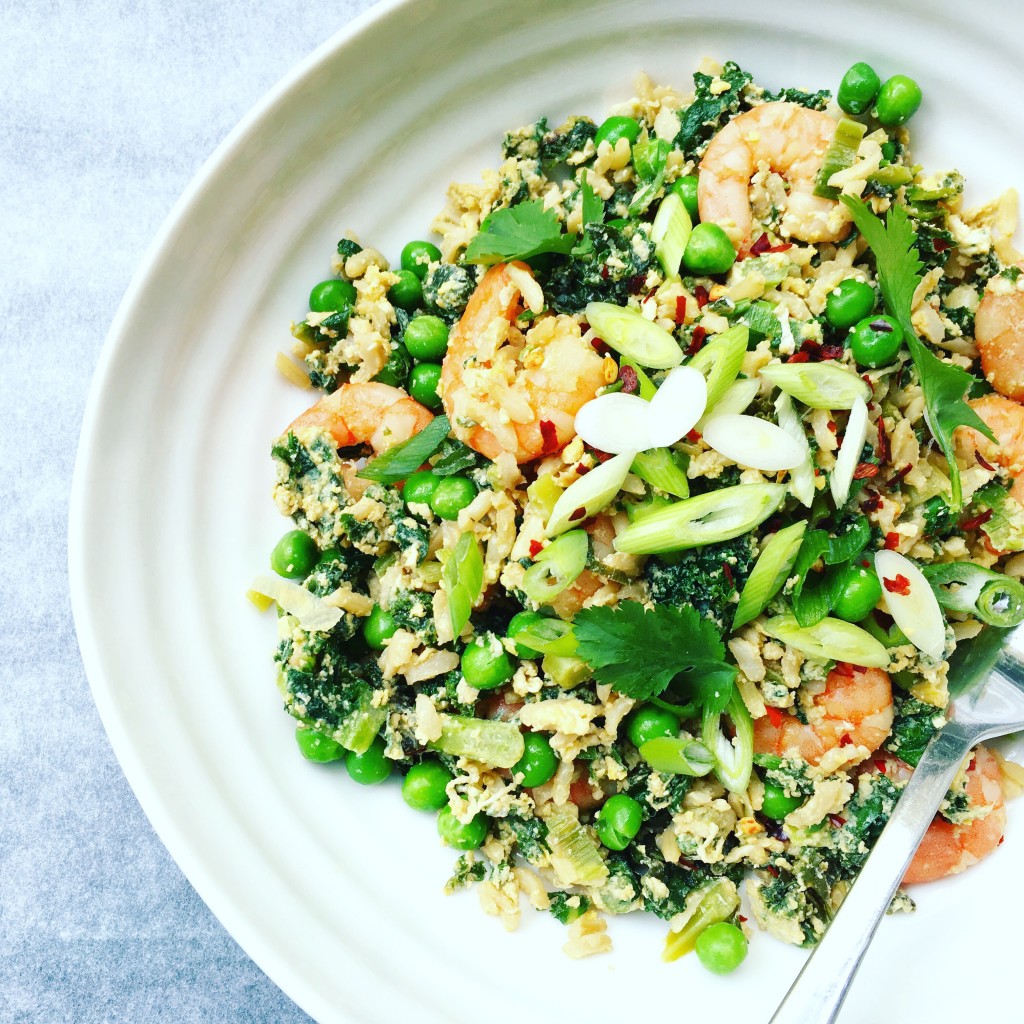 Healthy kale and prawn egg-fried rice