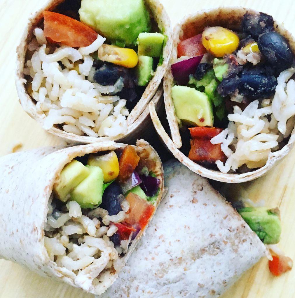 Veggie bean and rice burritos